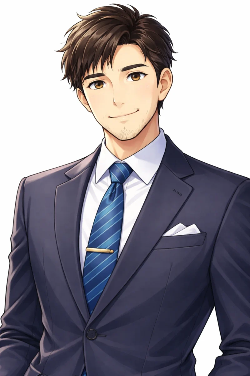 新宿で英会話を学習する20代男性会社員のイラスト